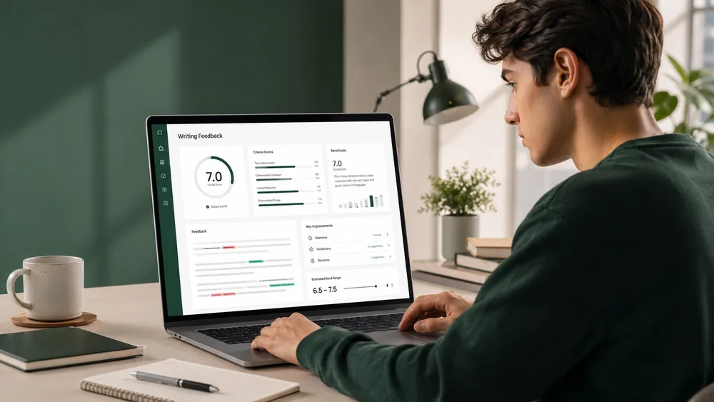 IELTSRise writing feedback dashboard shown on a study laptop